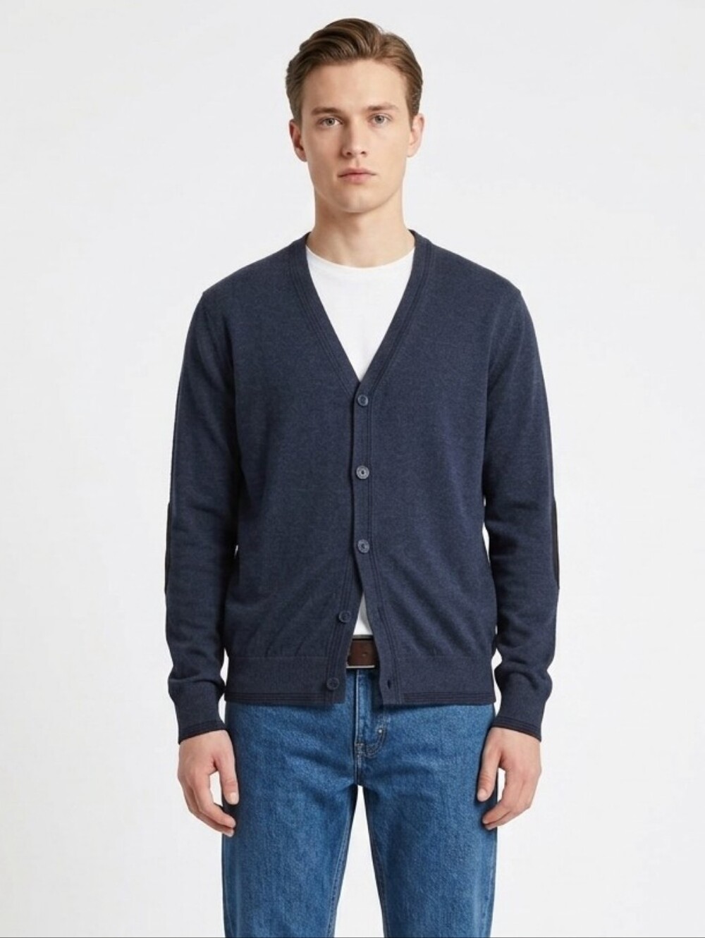 Alex Cannon Mens Medium Navy Blue Elbow Patch Cotton V-Neck Cardigan Sweater EUC